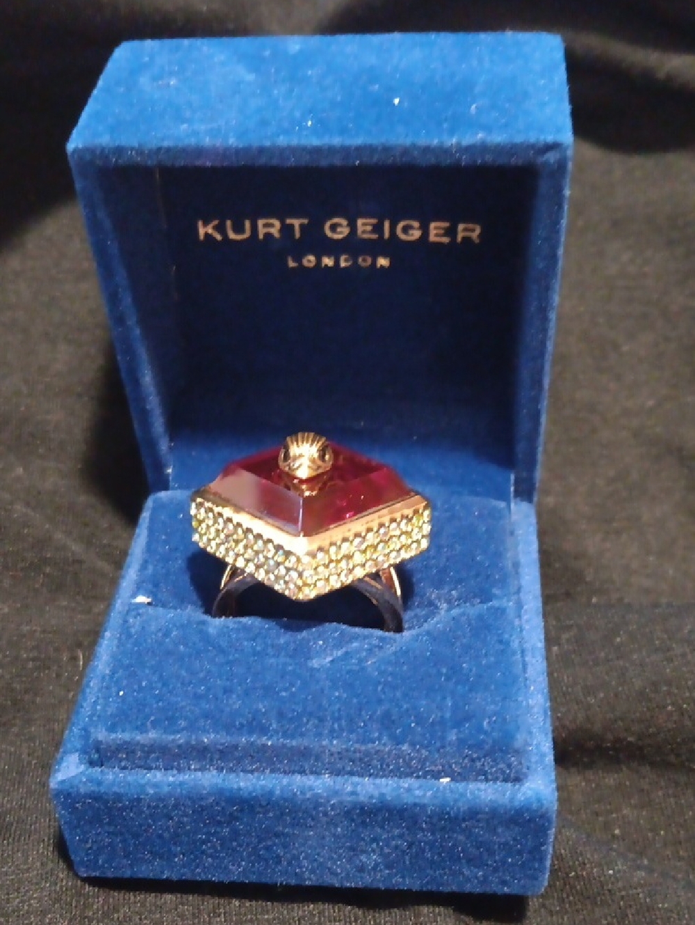 Kurt Geiger Gold-Tone Ring with Deep Red Gem and Crystal Pavé Size 8